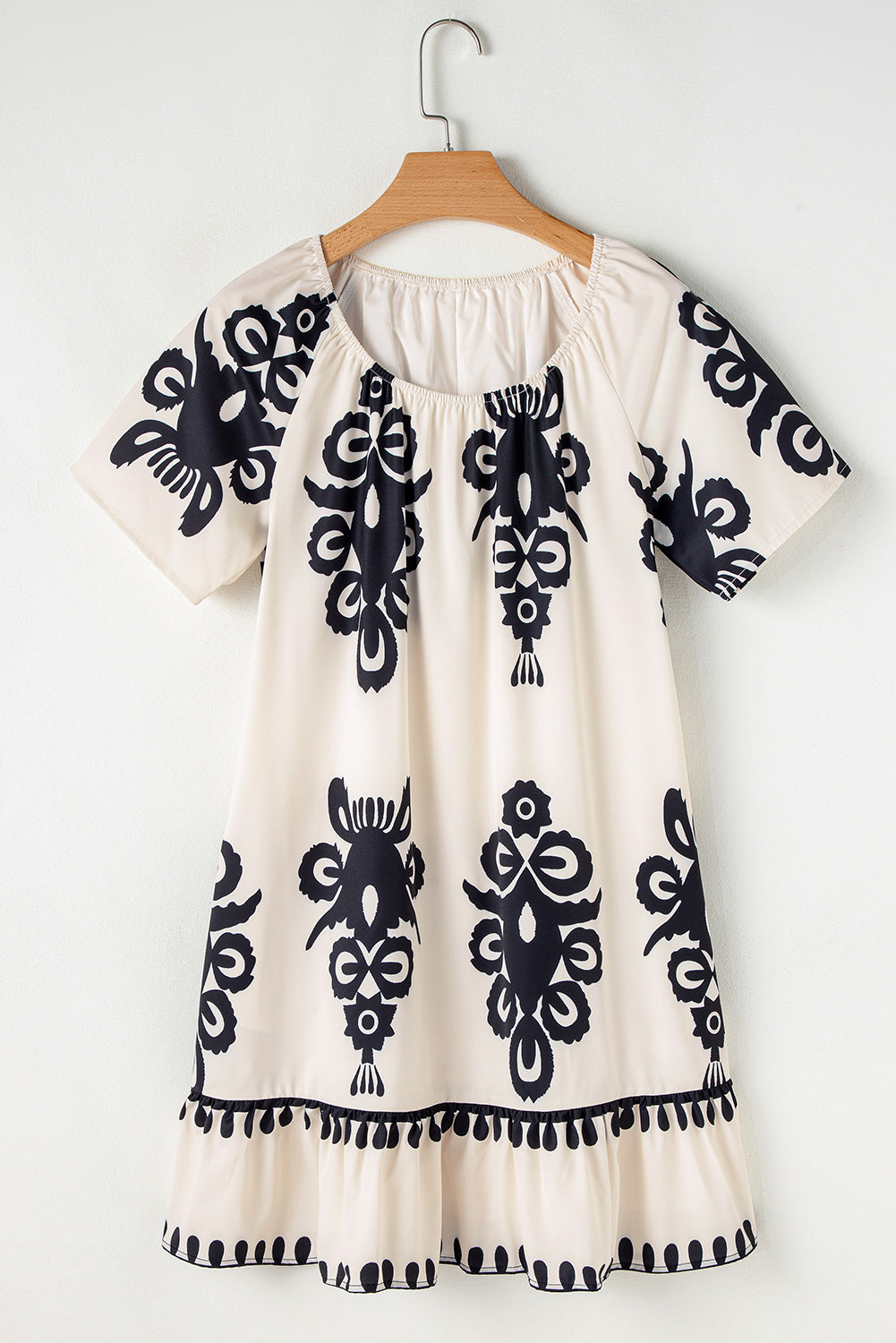 Apricot Print Ruffled Short Sleeve Loose Dress