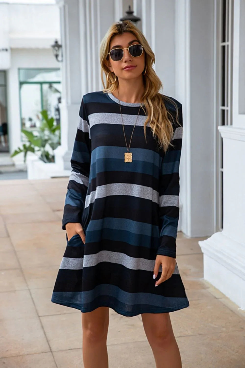 Striped Round Neck Long Sleeve Dress Light Blue Bazaare Mart Striped Round Neck Long Sleeve Dress