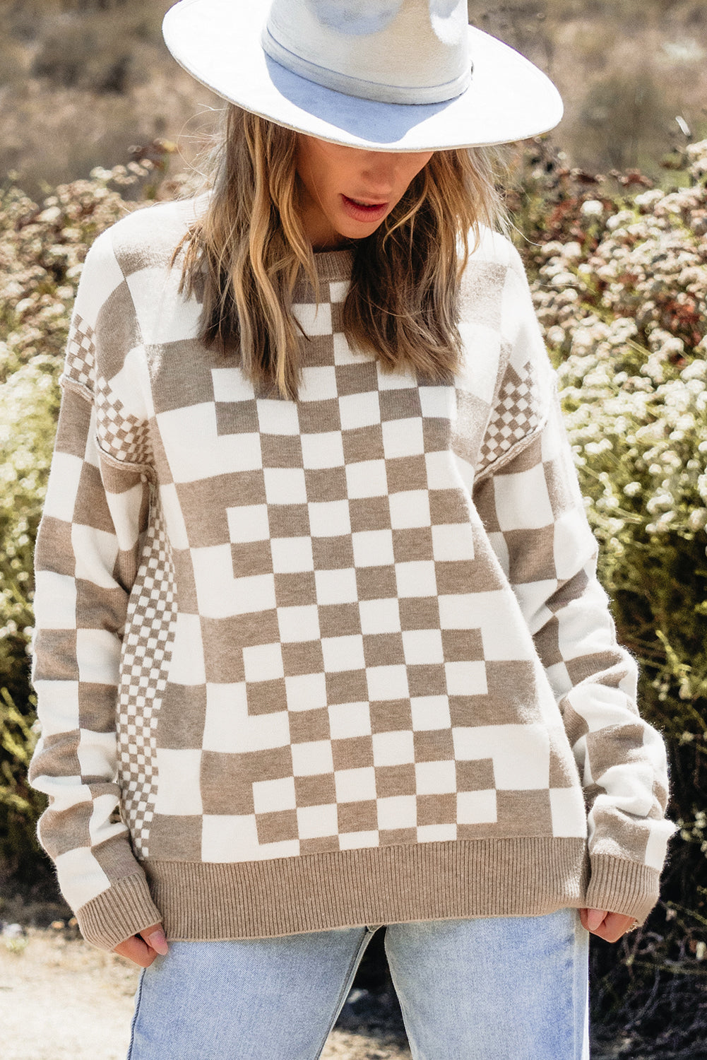 Khaki Checkered Drop Shoulder Round Neck Sweater