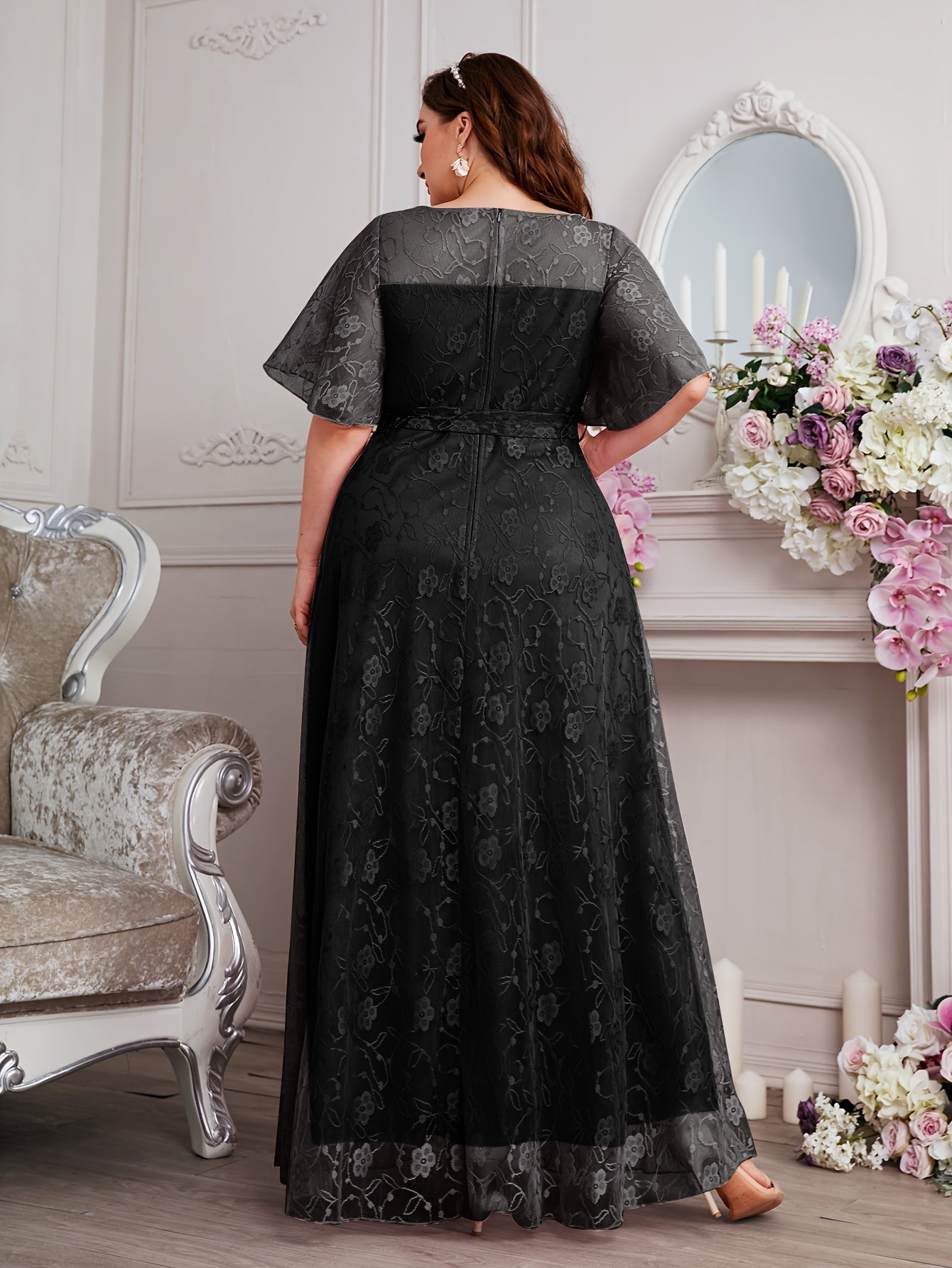 Elegant High Waist Lace Round Neck Half Flutter Sleeve Solid Color Formal Floor Length Dress