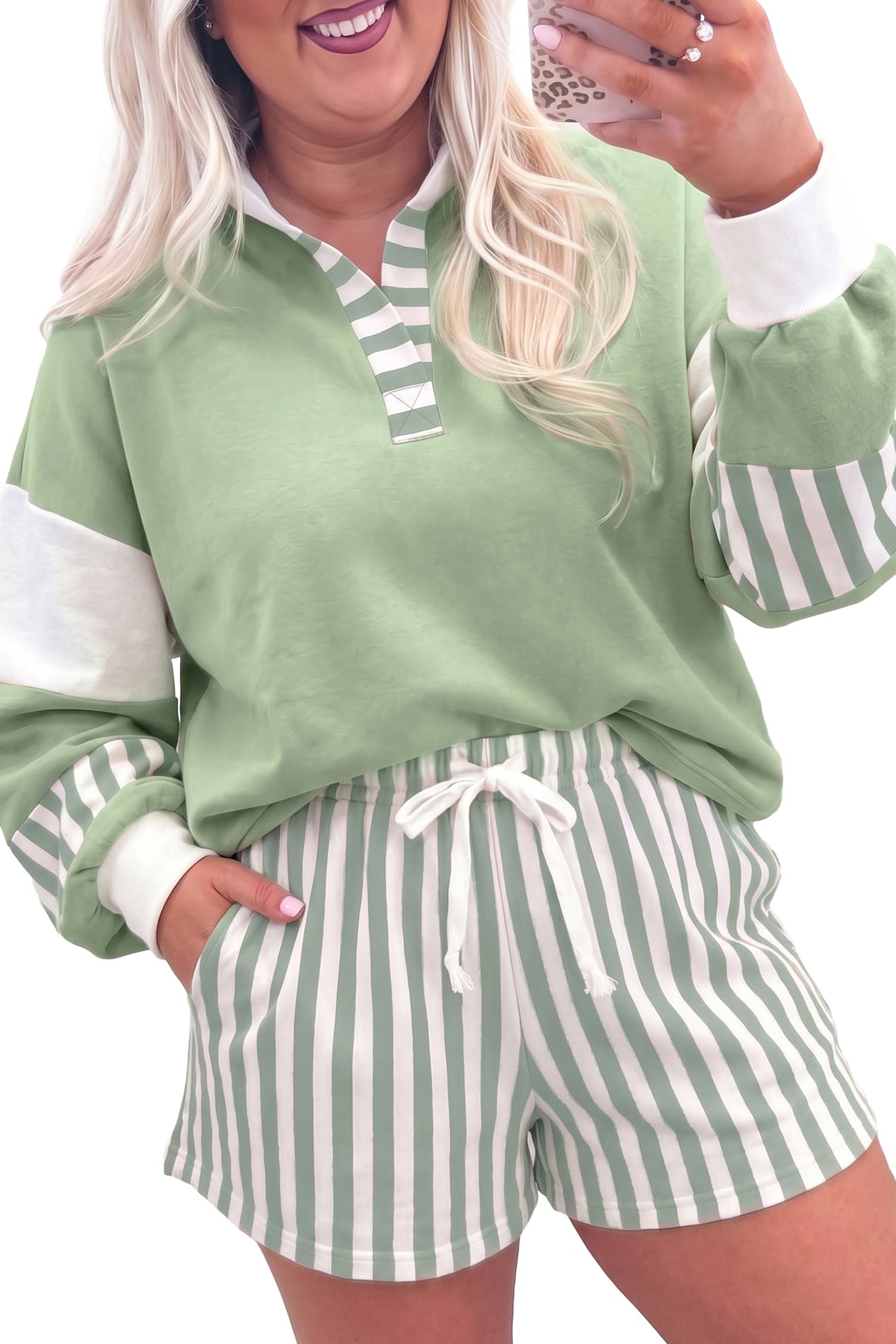Plus Size Striped Shorts Colorblock Sweatshirt Set