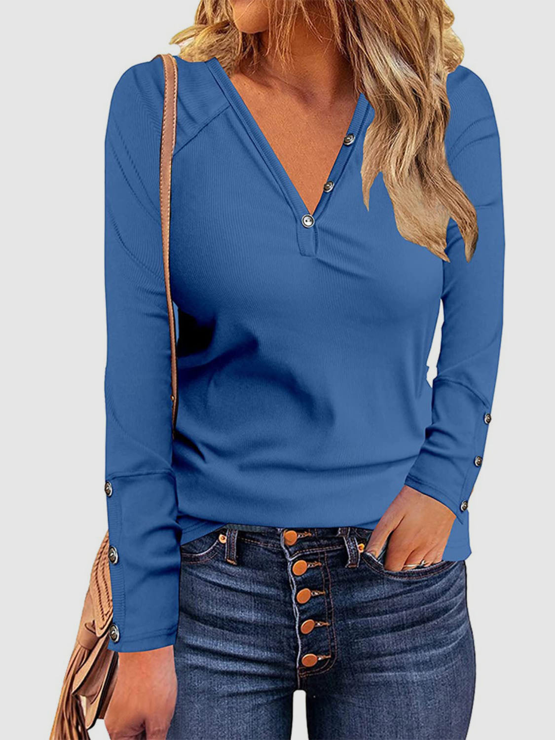 Button V-Neck Long Sleeve T-Shirt