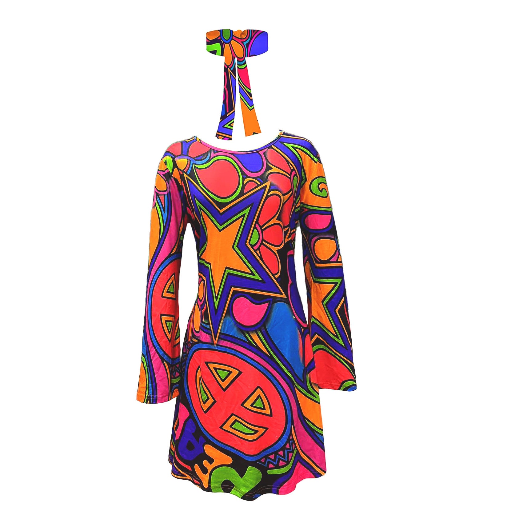 Retro Hippie Bell Sleeve Mini Dress – Boho Geometric Print High Waist Dress Vintage Skirt 7 CJ Dropshipping Retro Hippie Dress