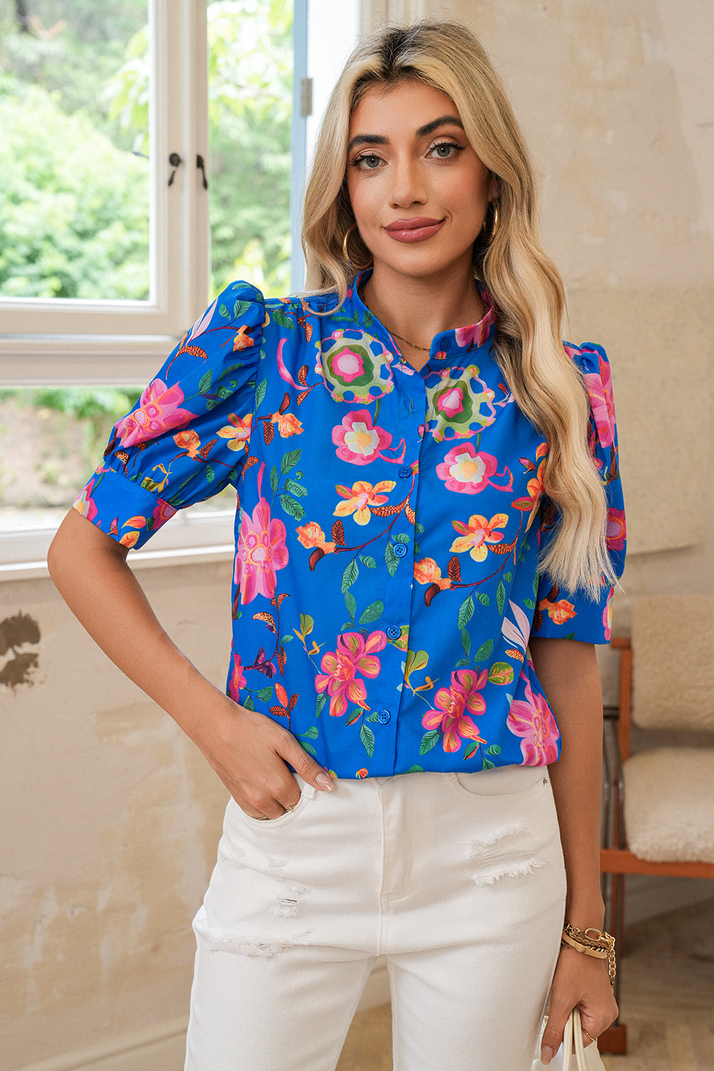 Blue Puff Sleeve Button Up Boho Floral Blouse Shewin Blouses