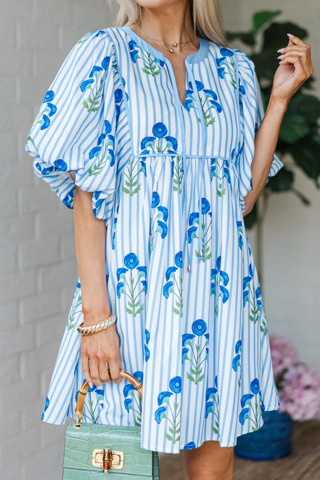 Sky Blue Floral Striped Print Tie Notched Neck Puff Sleeve Flared Mini Dress Sky Blue 100%Polyester Dear-Lover Dropshipping Dresses/Floral Dresses