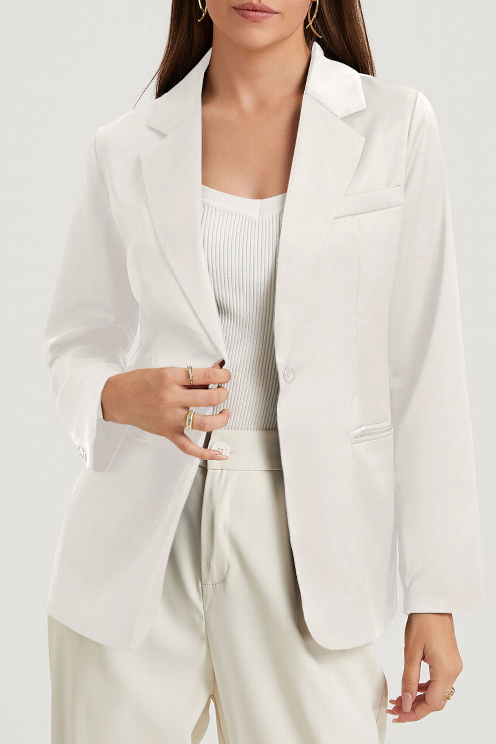 White Pocketed Single Button Lapel Neck Blazer