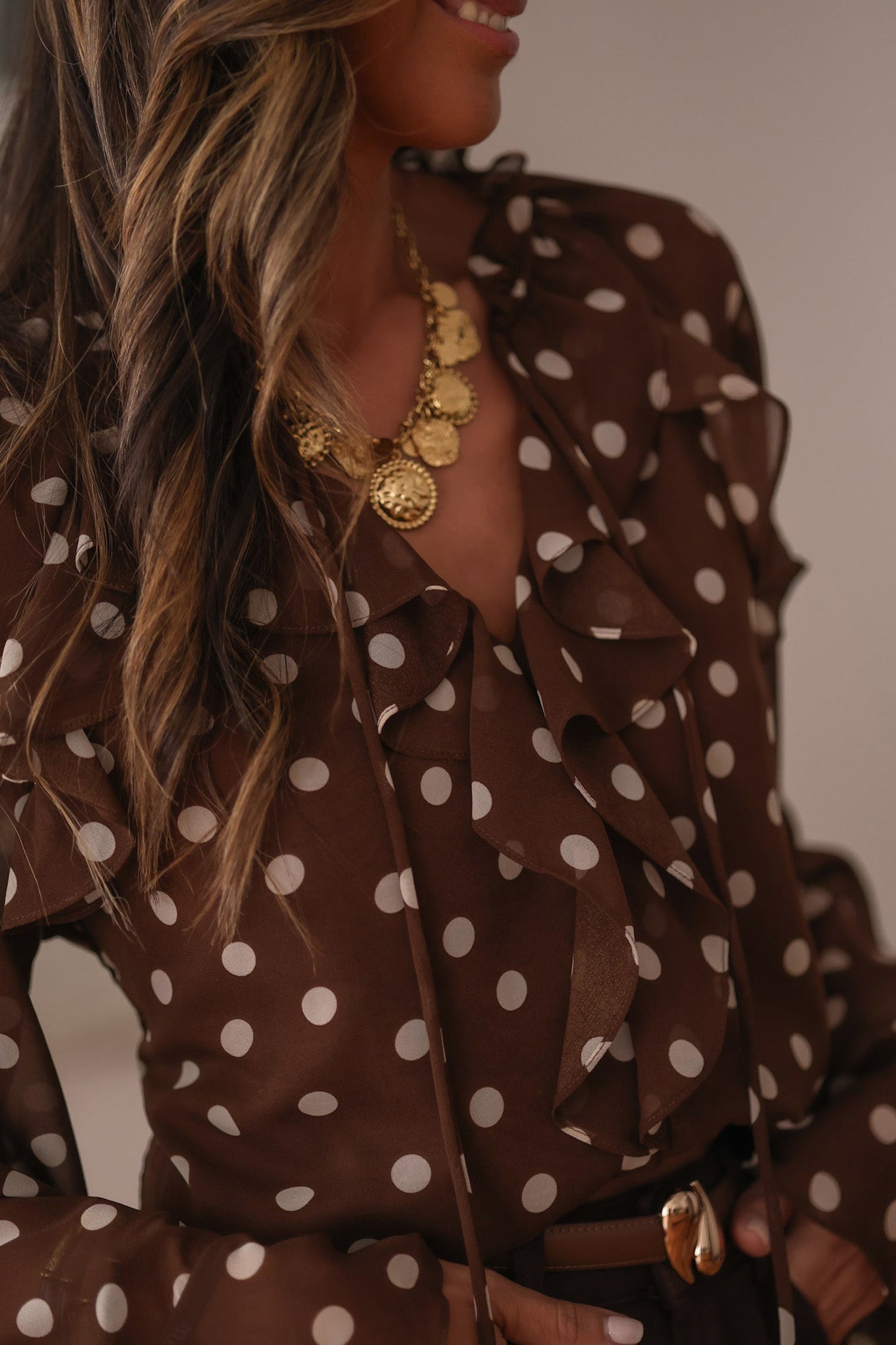 Coffee Polka Dot Ruffle Trim V Neck Long Bell Sleeve Blouse Shewin Blouses & Shirts