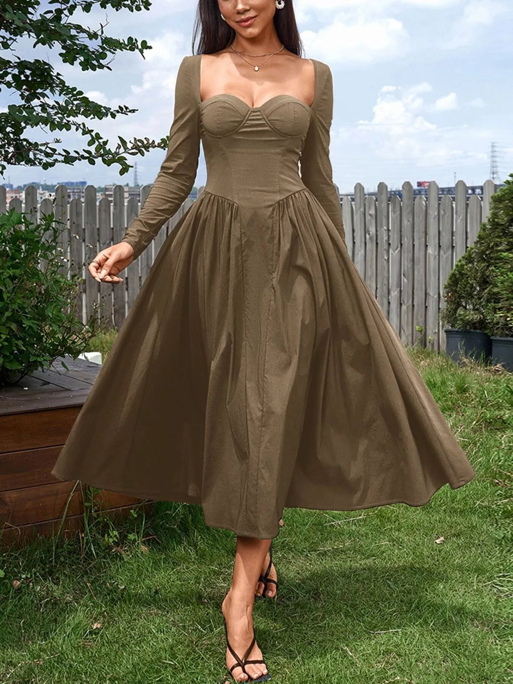 Sweetheart Neckline Long Sleeve A-Line Midi Dress Trendsi Sweetheart Neckline Long Sleeve A-Line Midi