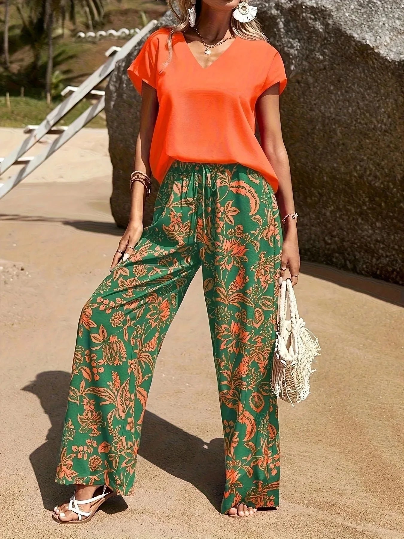 Orange Floral Pants Set Bazaare Mart V-Neck Top and Summer Beach Floral Print Pants Set