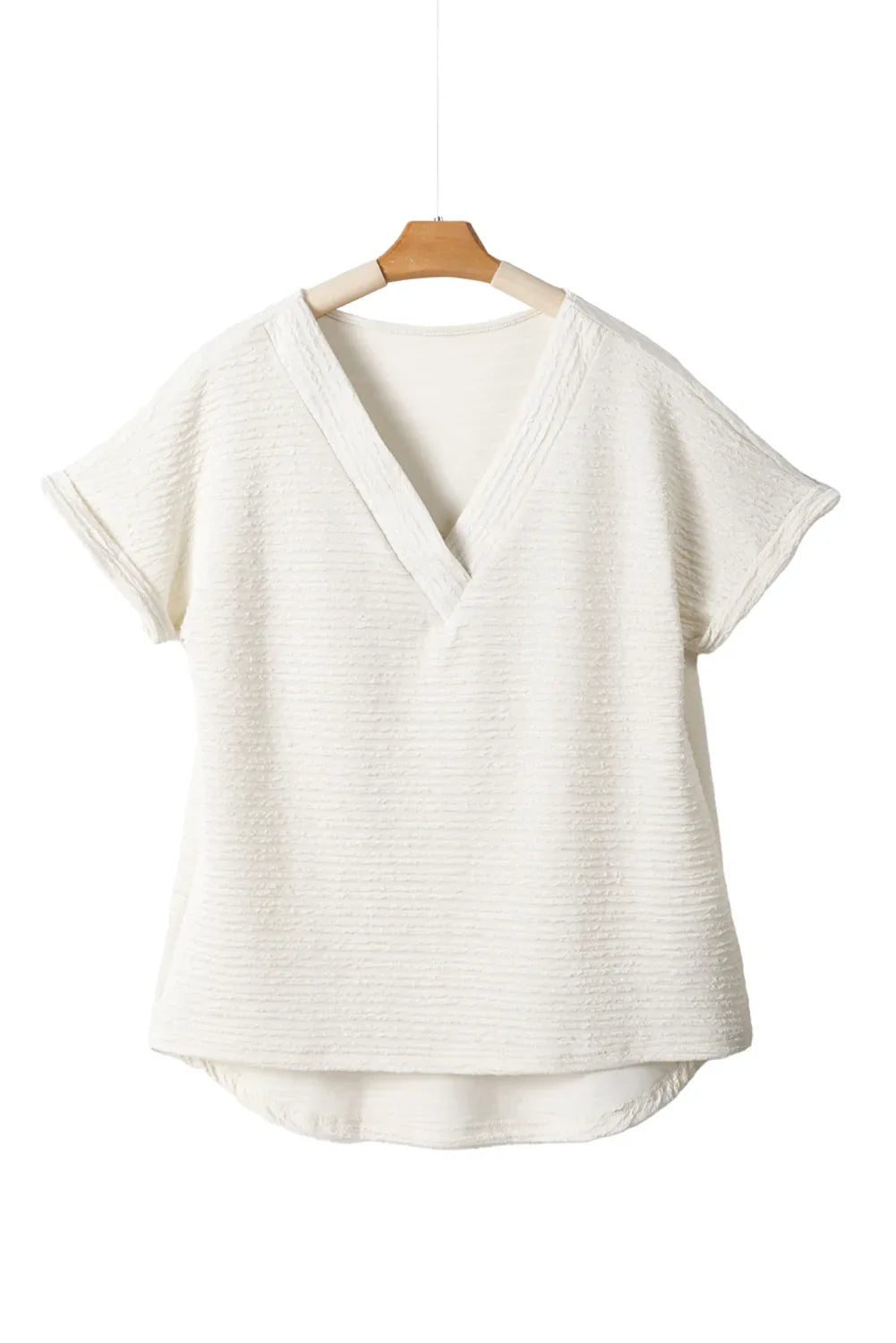 Pale Khaki Textured Wide Sleeve V Neck T Shirt Bazaare Mart Tops/Tops & Tees