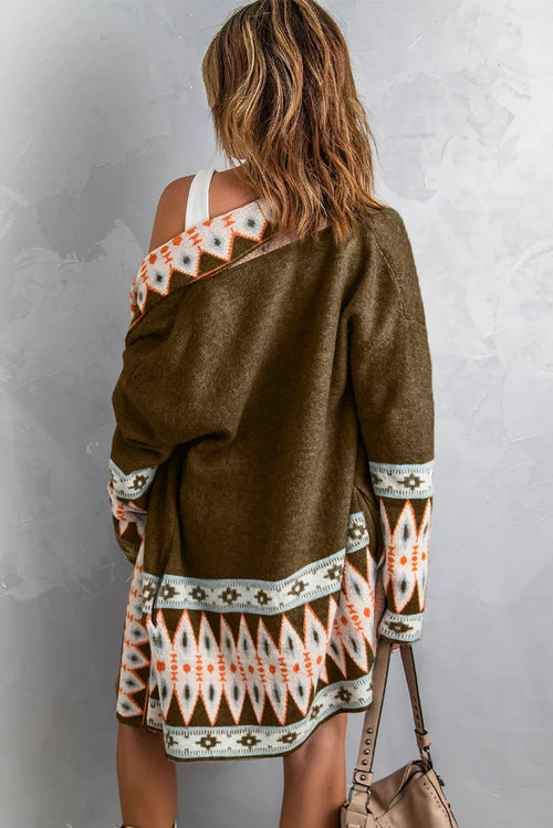 Brown Aztec Print Open Front Knitted Cardigan Bazaare Mart Sweaters & Cardigans/Cardigans