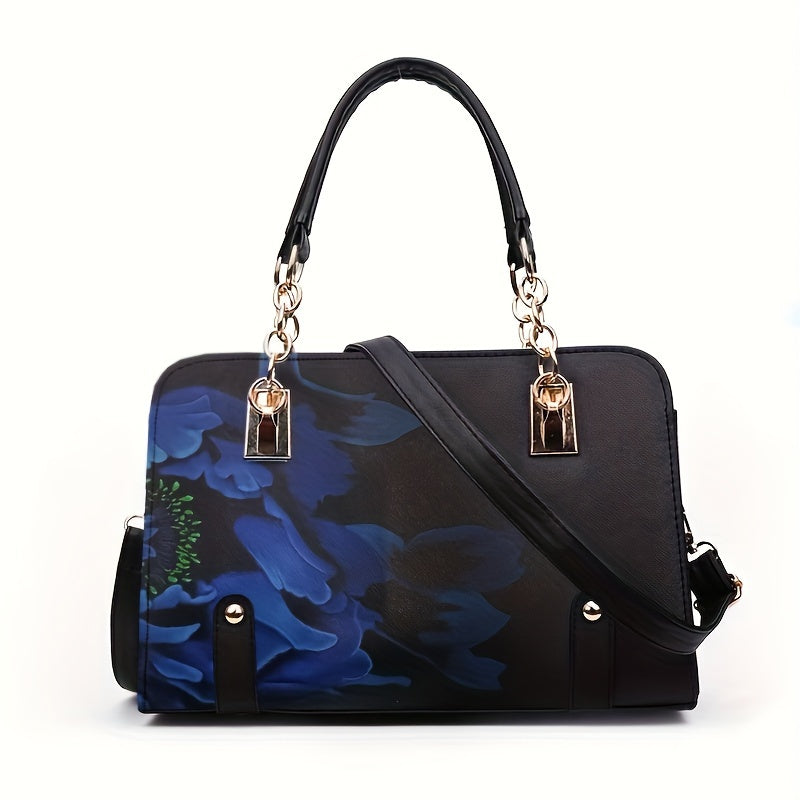 Black Blue Floral Print Satchel Crossbody Handbag