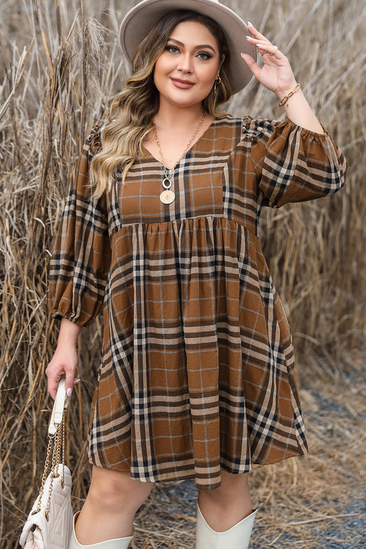 Brown Plaid Plus Size A Line Dress