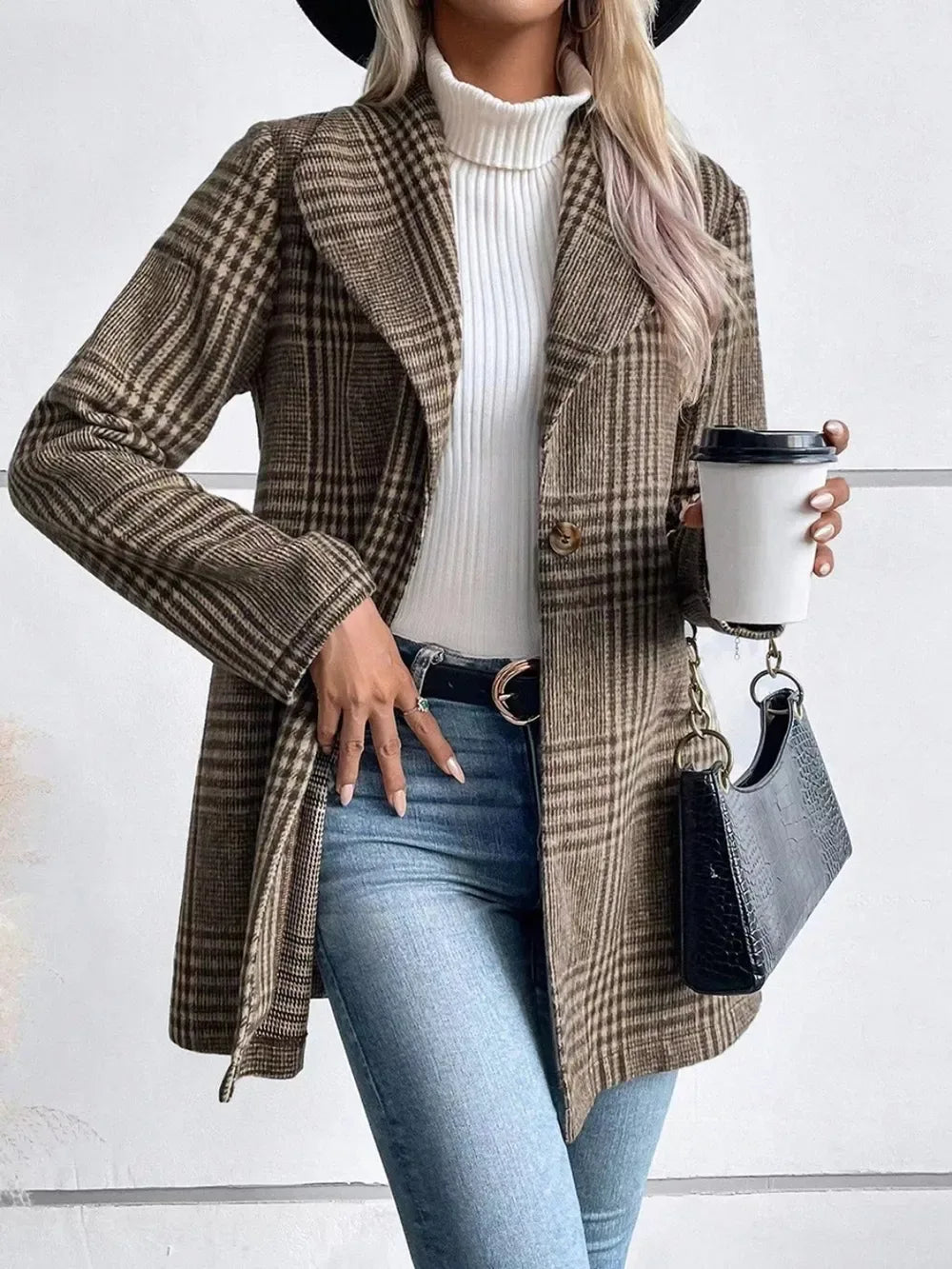 Plaid Big Collar Long Jacket Bazaare Mart Plaid Collared Neck Long Sleeve Jacket