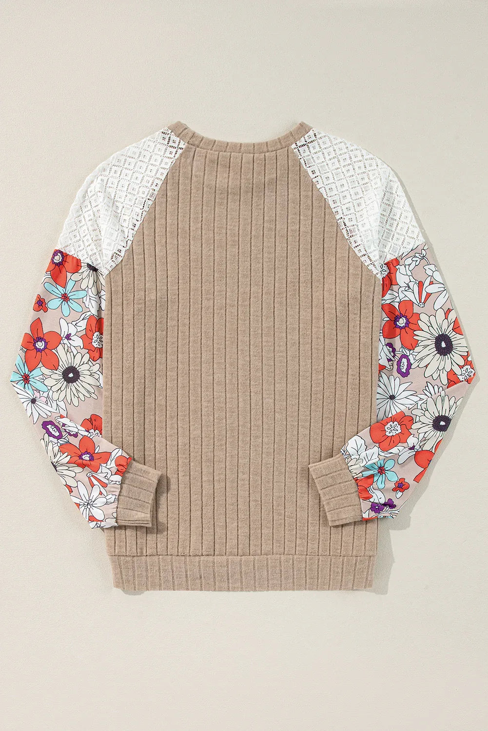 Parchment Floral Patchwork Long Sleeve Ribbed Blouse Bazaare Mart Tops/Blouses & Shirts