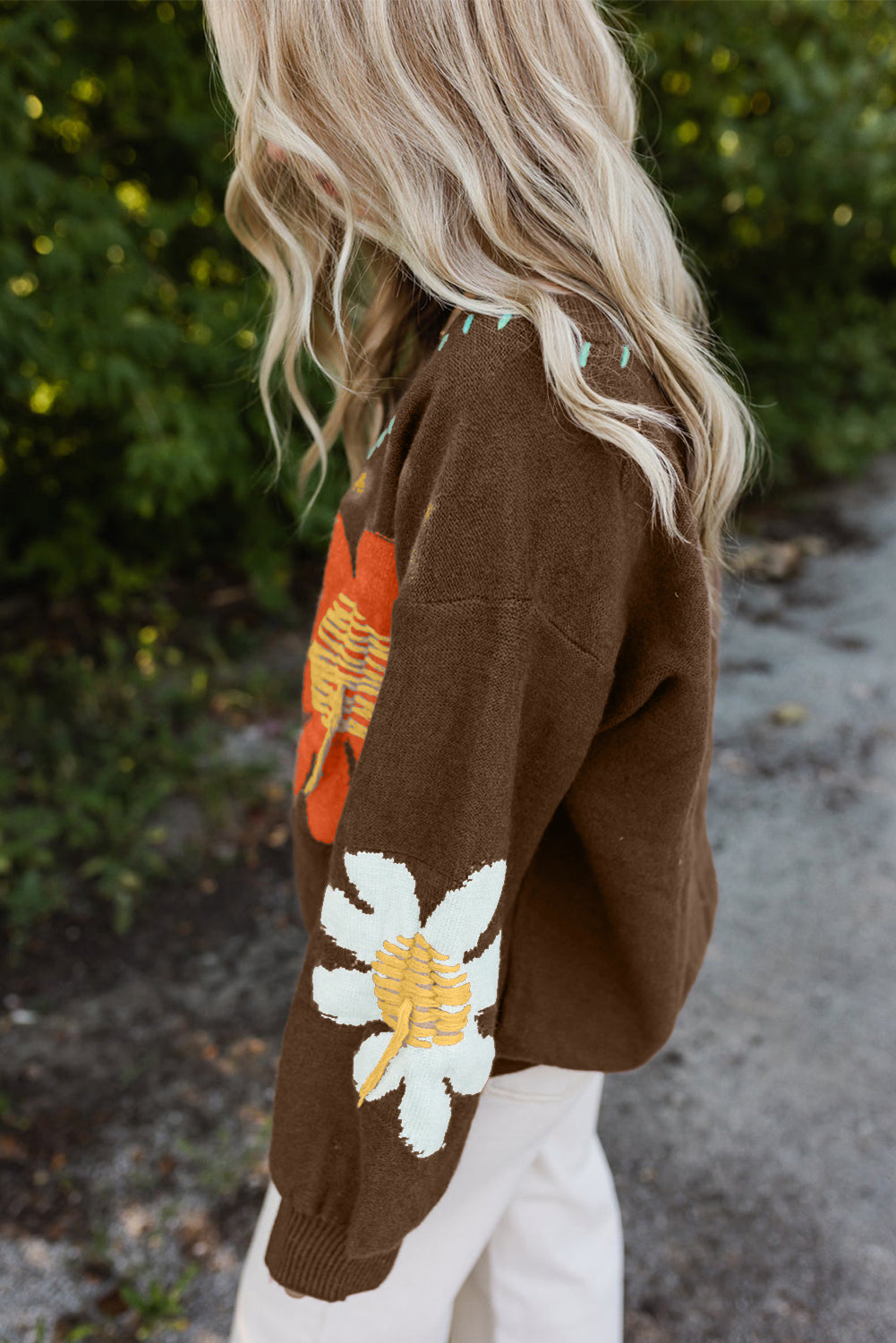 Coffee Big Flower V Neck Drop Shoulder Distressed Sweater