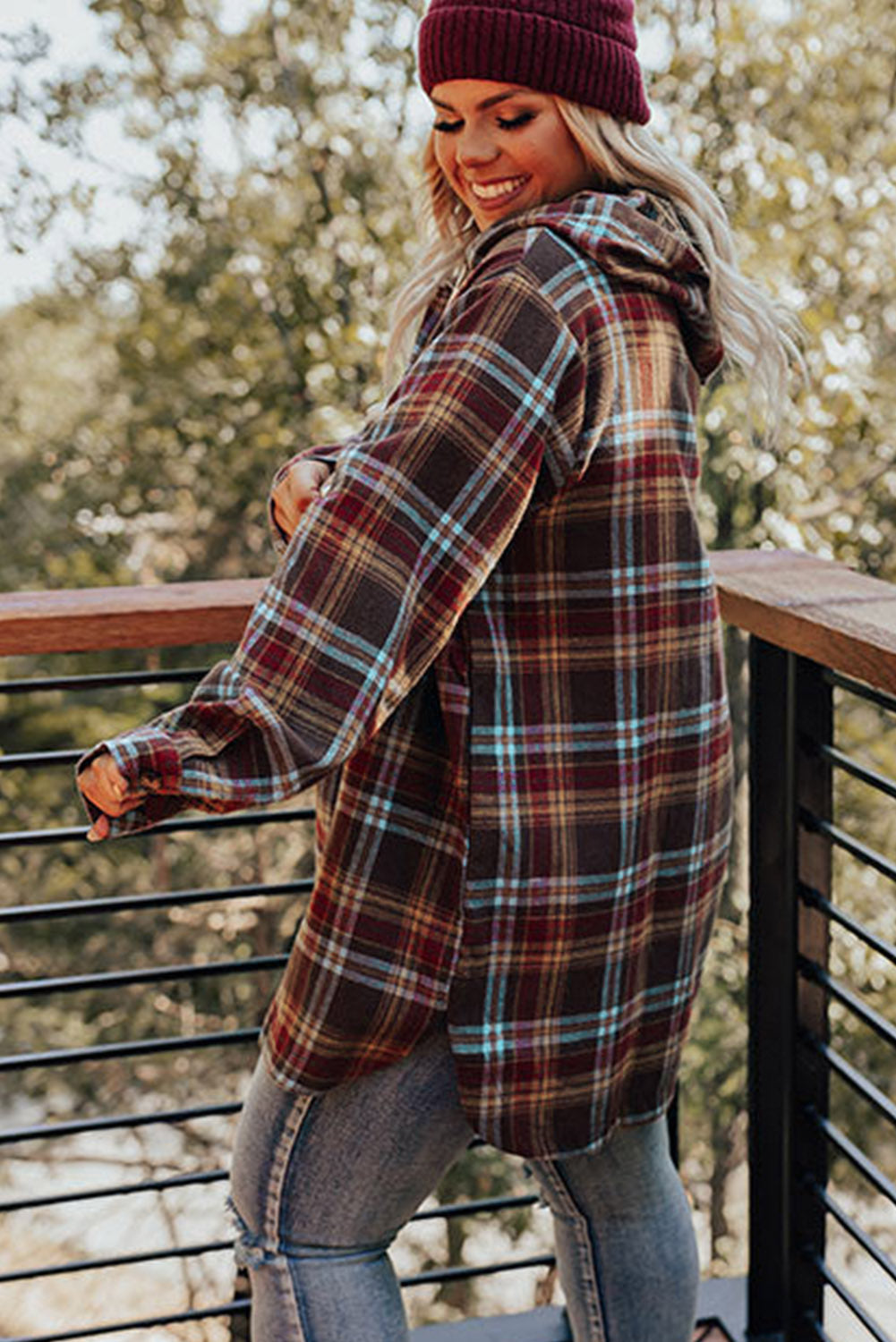 Red & Brown Plus Size Plaid Kangaroo Pocket Drawstring Hoodie