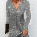 Elegant Sexy Sequined V-neck Dress Silver Bazaare Mart Long Sleeve Sequin Dress