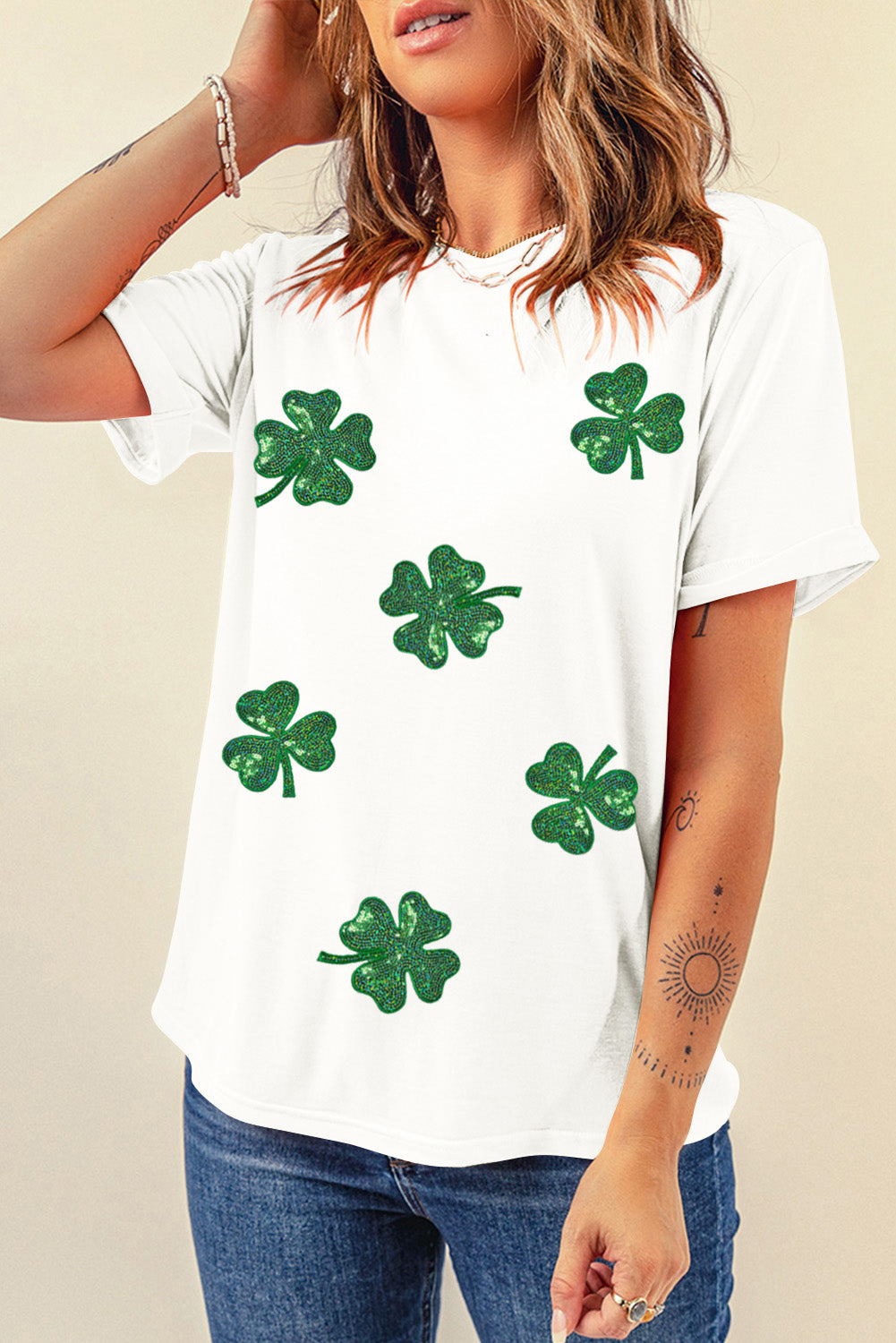 White Sequin Lucky Clover Tee