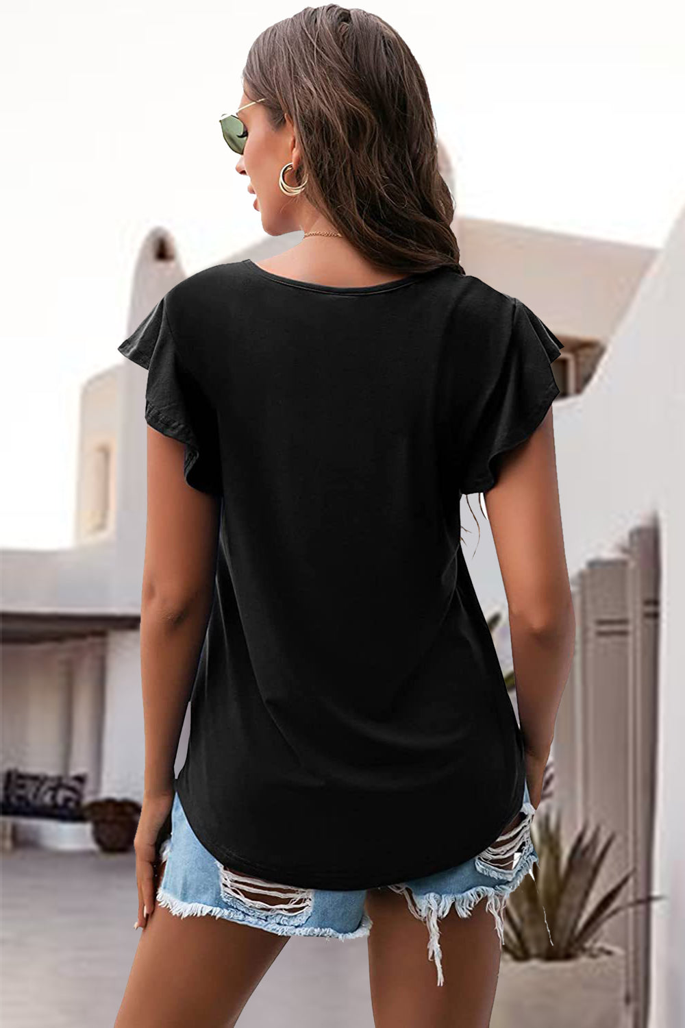 Back of Black Flutter Sleeve Tee