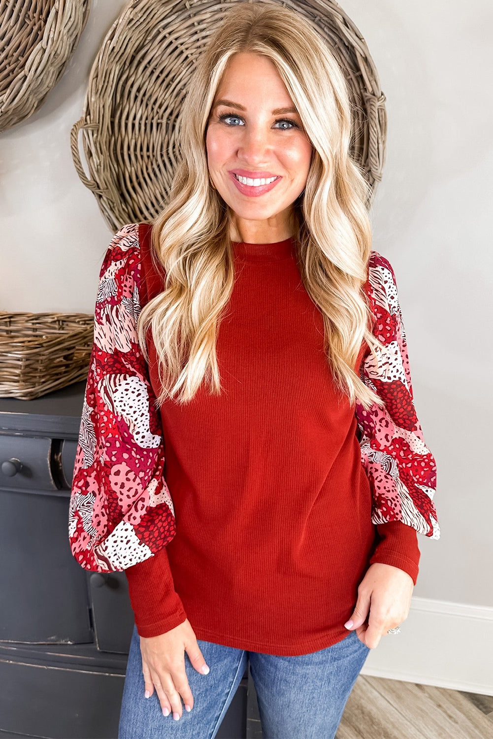 Red Contrast Lantern Sleeve Patchwork Top