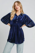 Umgee Pearl Detail Collared Neck Navy Velvet Blouse Navy Bazaare Mart Pearl Detail Collared Neck Velvet Blouse