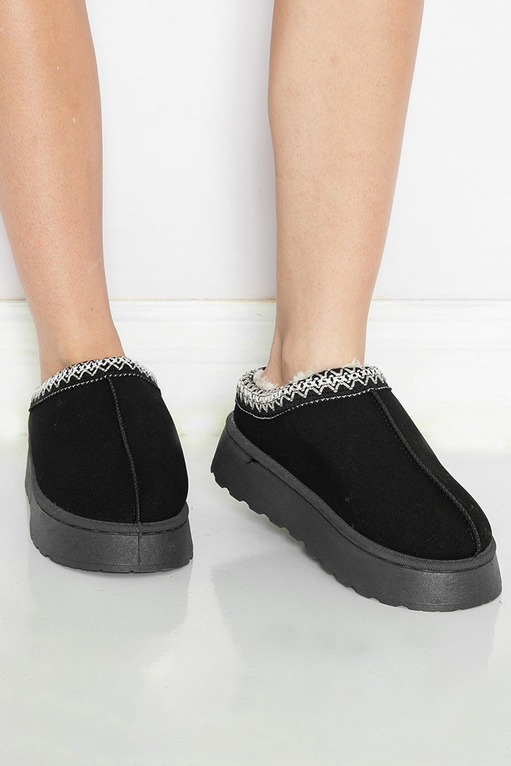 Suede Fur Trim Thick Flat Slippers