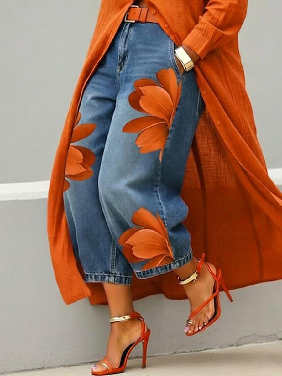 Women’s Loose Wide-Leg Printed Trousers – Comfortable Elegant Casual Pants Blue Orange Flowers CJ Dropshipping Wide Leg Painted Floral Jeans