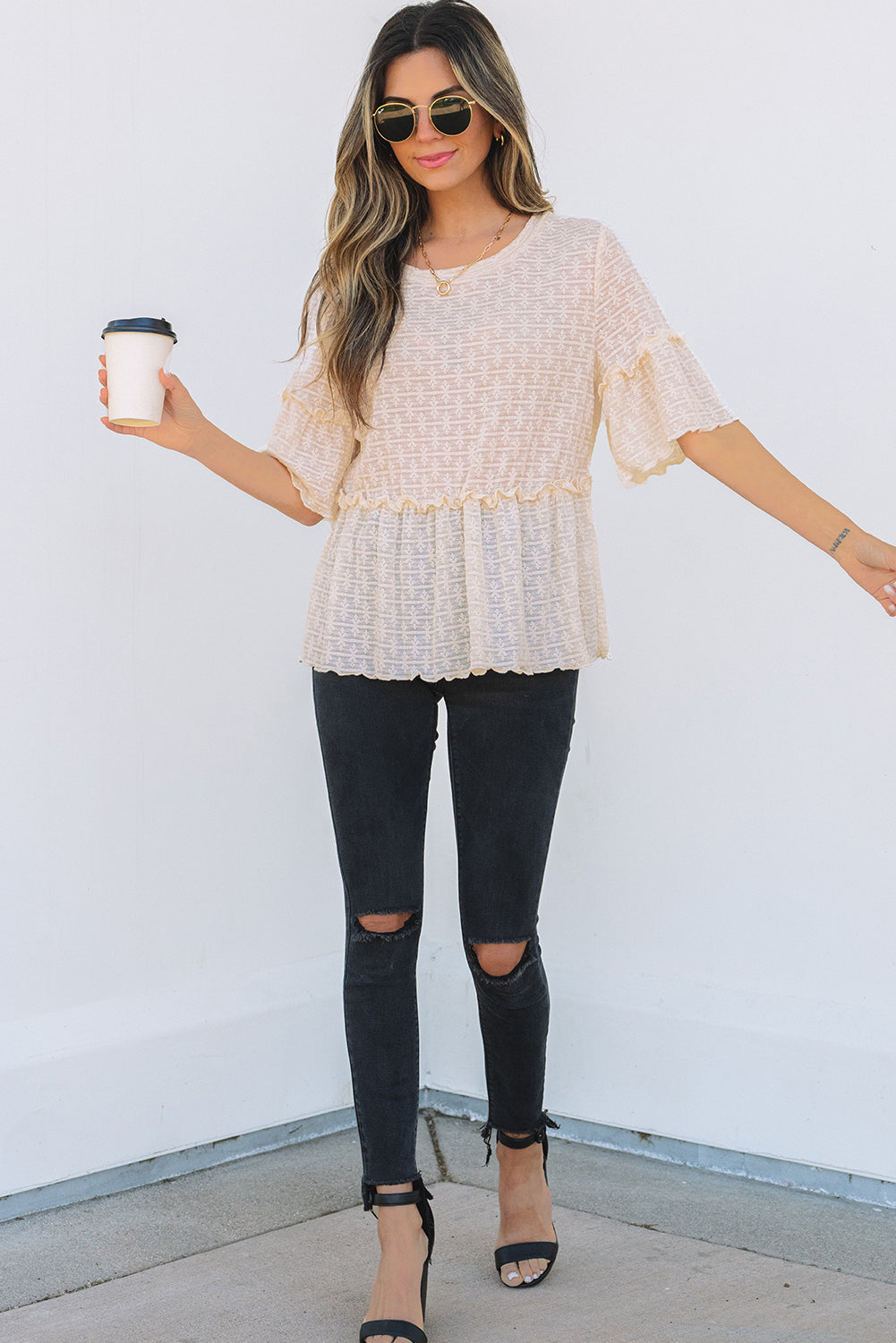 Lacy Beige Textured Ruffled Half Sleeve Blouse
