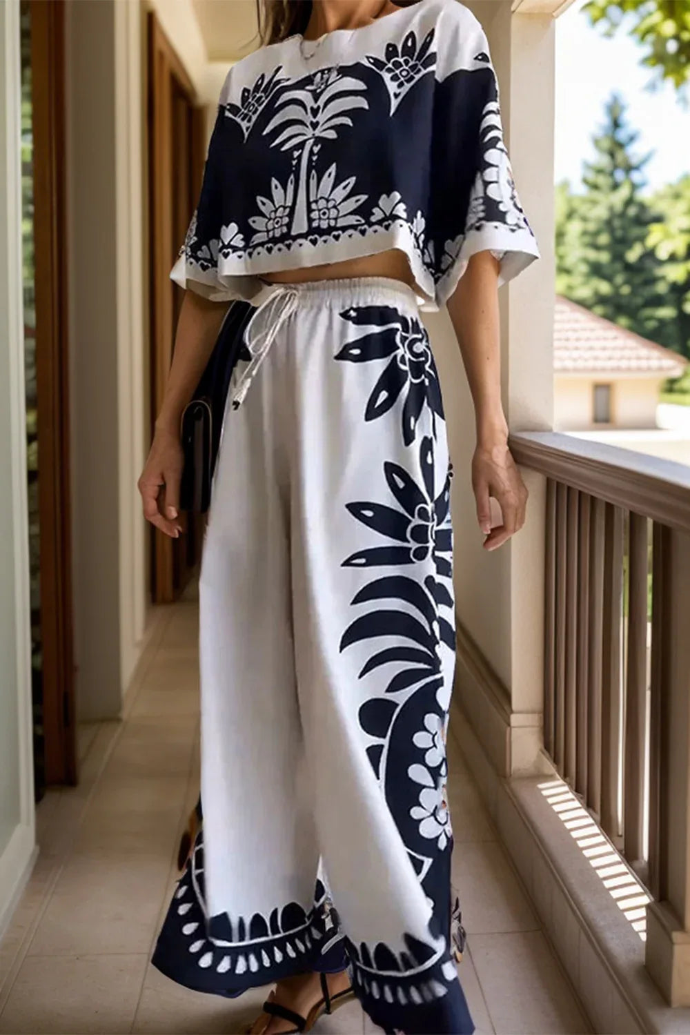Printed Half Sleeve Top and Wide Leg Pants Set Trendsi Navy Print Pantsuit