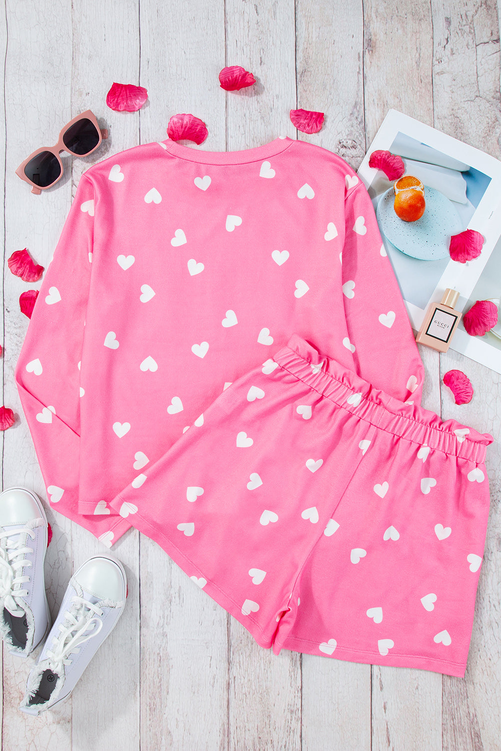 Pink Heart Print Long Sleeve Tee and Shorts Lounge Set