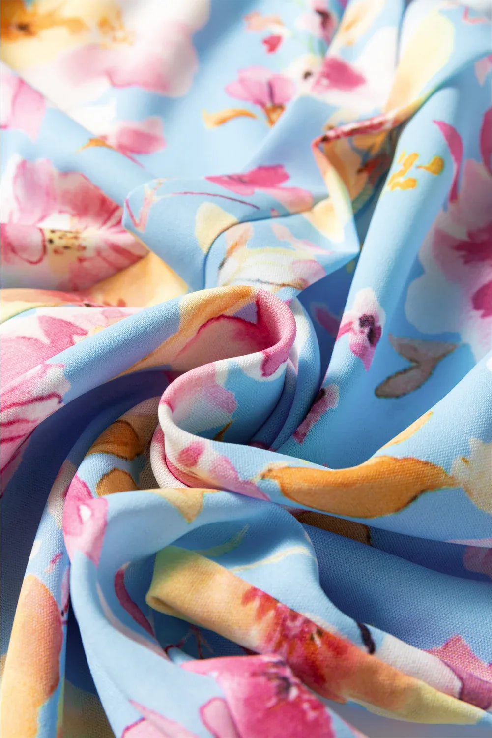 Blue Floral Smocked Cuff Long Flounce Sleeve V Neck Blouse - Bazaare Mart