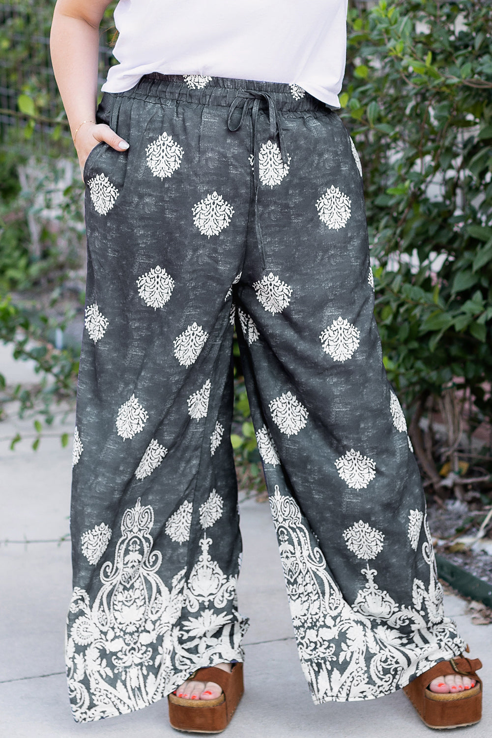 Black Plus Size Geometric Ethnic Print Drawstring Wide Leg Pants Dear-Lover Dropshipping Plus Size/Plus Size Bottoms