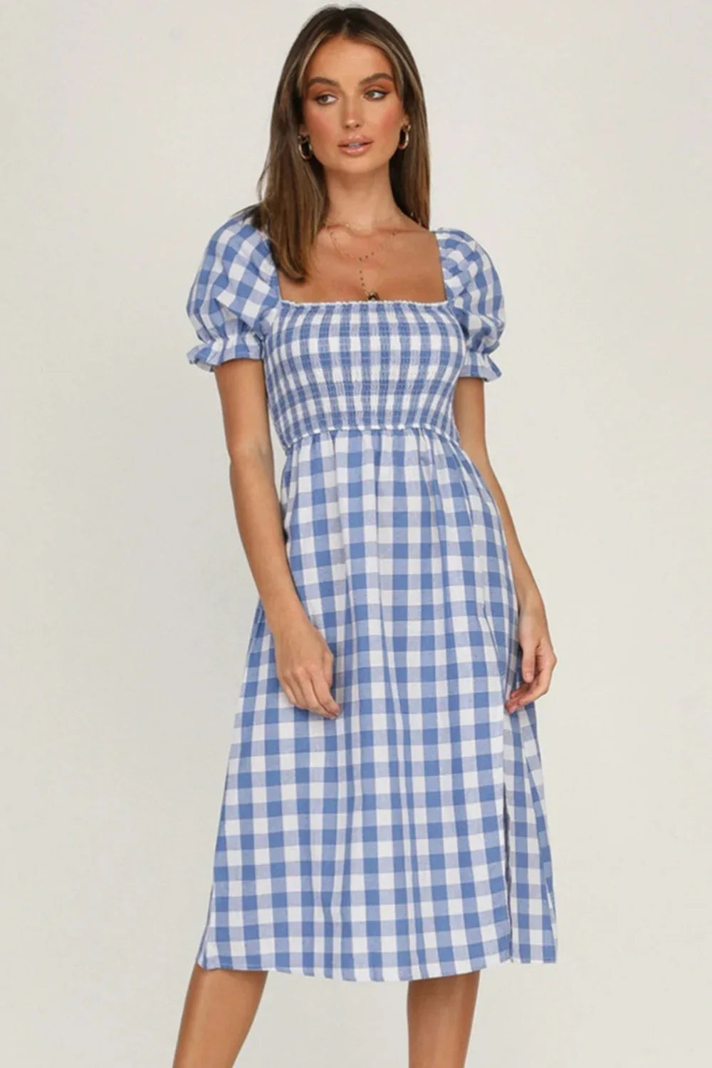 Plaid Short Sleeve Midi Dress Trendsi Plaid Short Sleeve Midi Dress