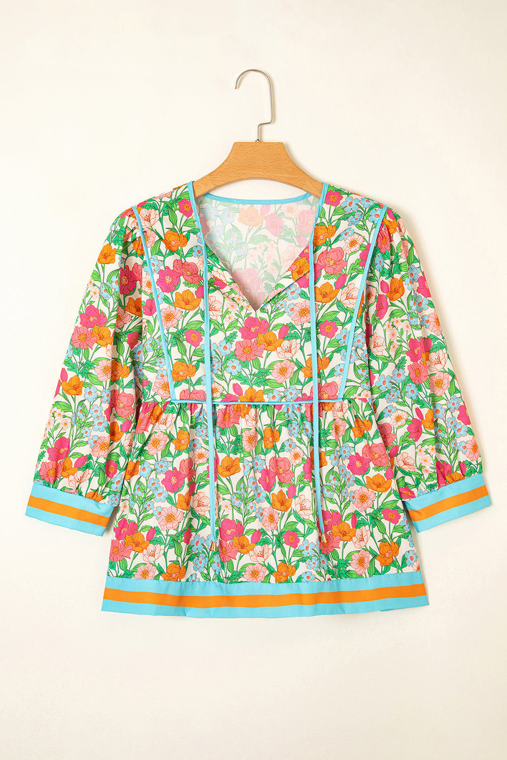 Green Floral Striped Trim Puff Sleeve Blouse Shewin Blouses
