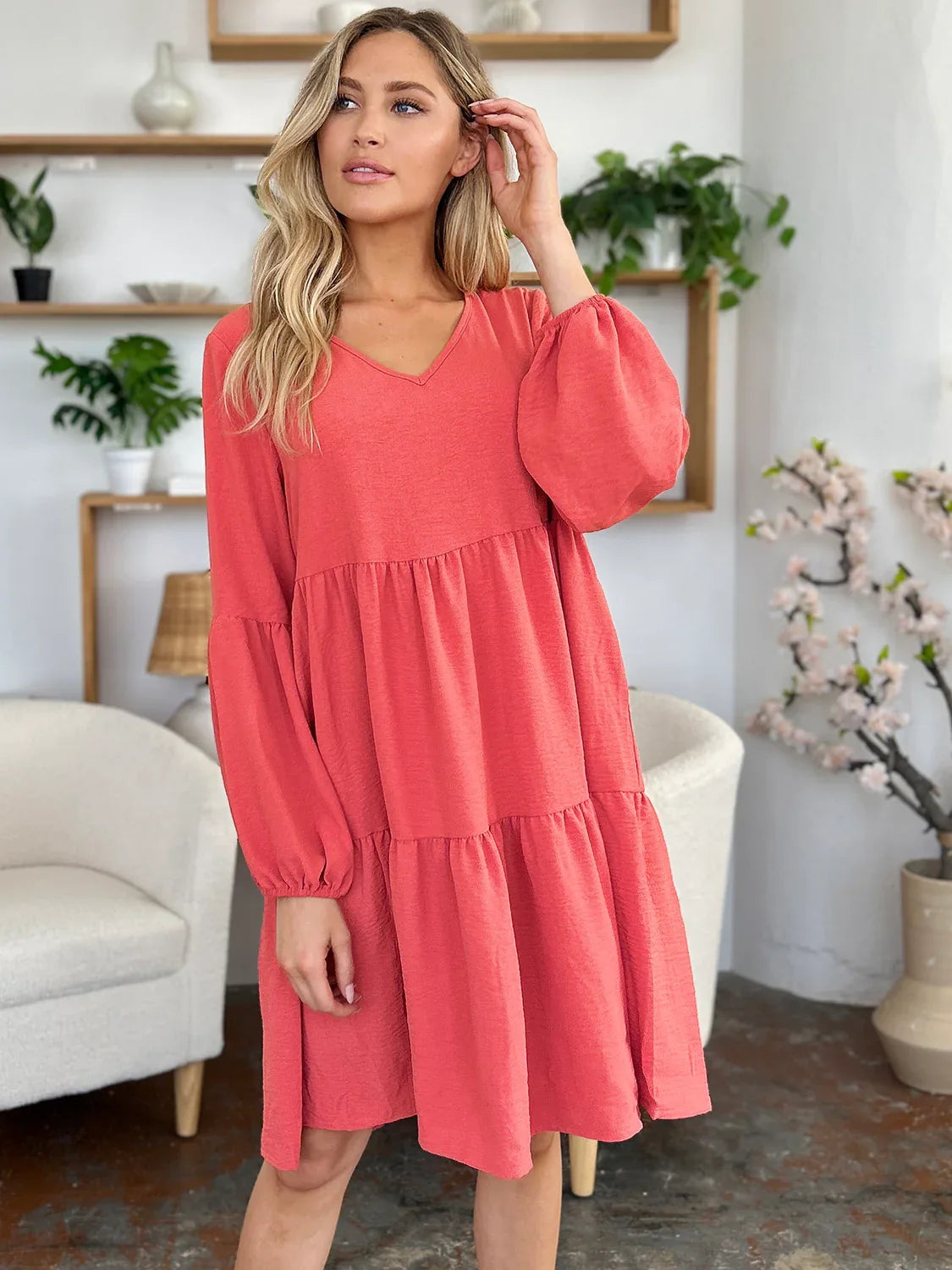 Solid V-Neck Long Balloon Sleeve Tiered Dress Bazaare Mart Long Sleeve Layered Dress
