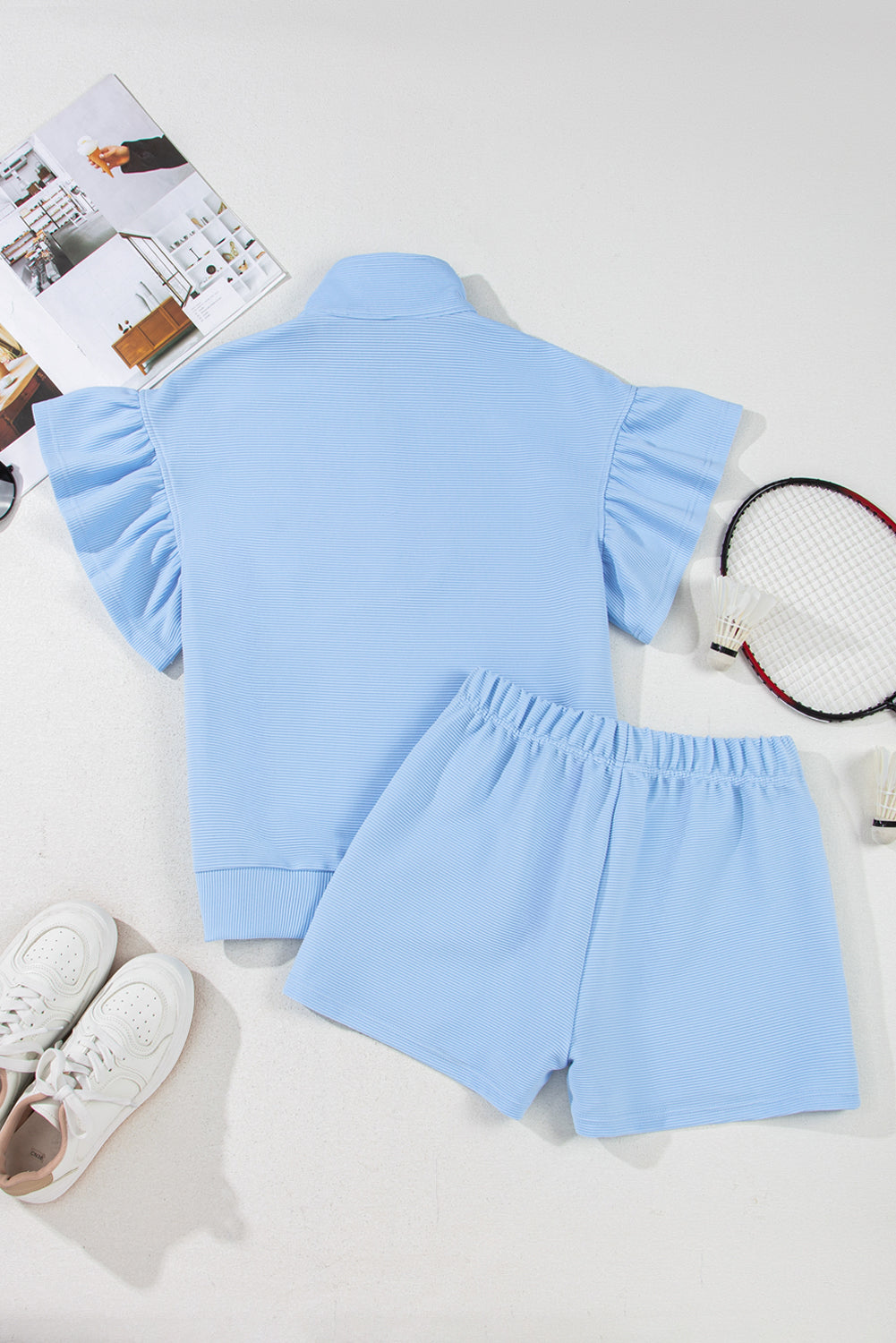 Light Blue Ribbed Texture Shorts Set