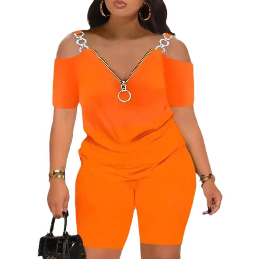 Cold Shoulder Zipper Short Sleeve Top with Shorts Set