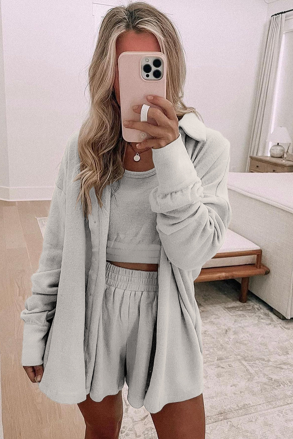 Gray 3 Pc Crop Tank Top Shorts with Cardigan Lounge Set