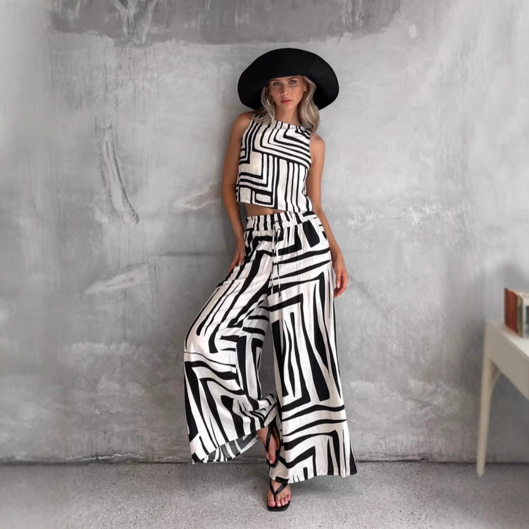 B&W Sleeveless Top and Wide-leg Pants Set CJ Dropshipping B&W Print Sleeveless Pantsuit