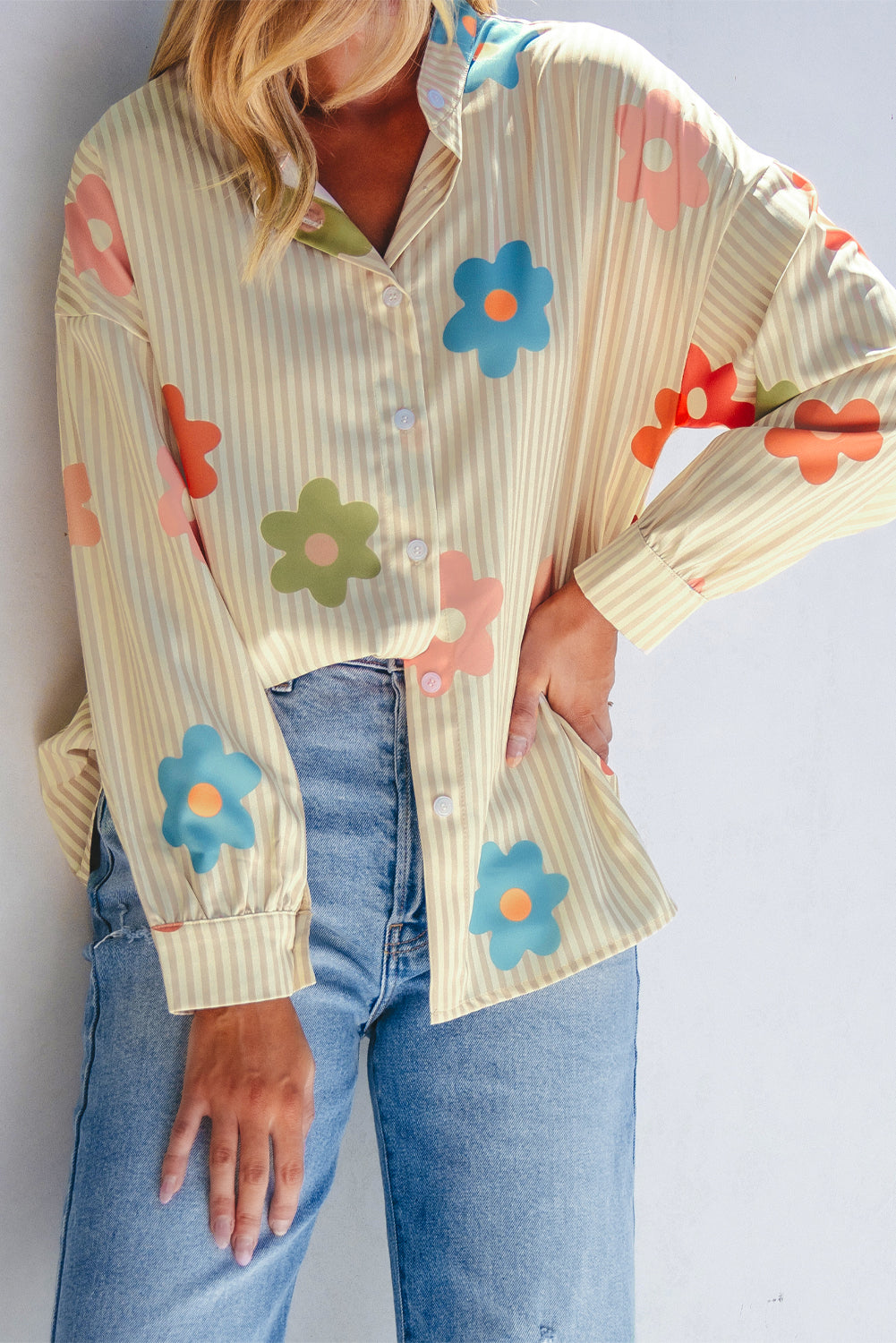 Apricot Stripe Flower Print Collarless Button-up Loose Fit Shirt