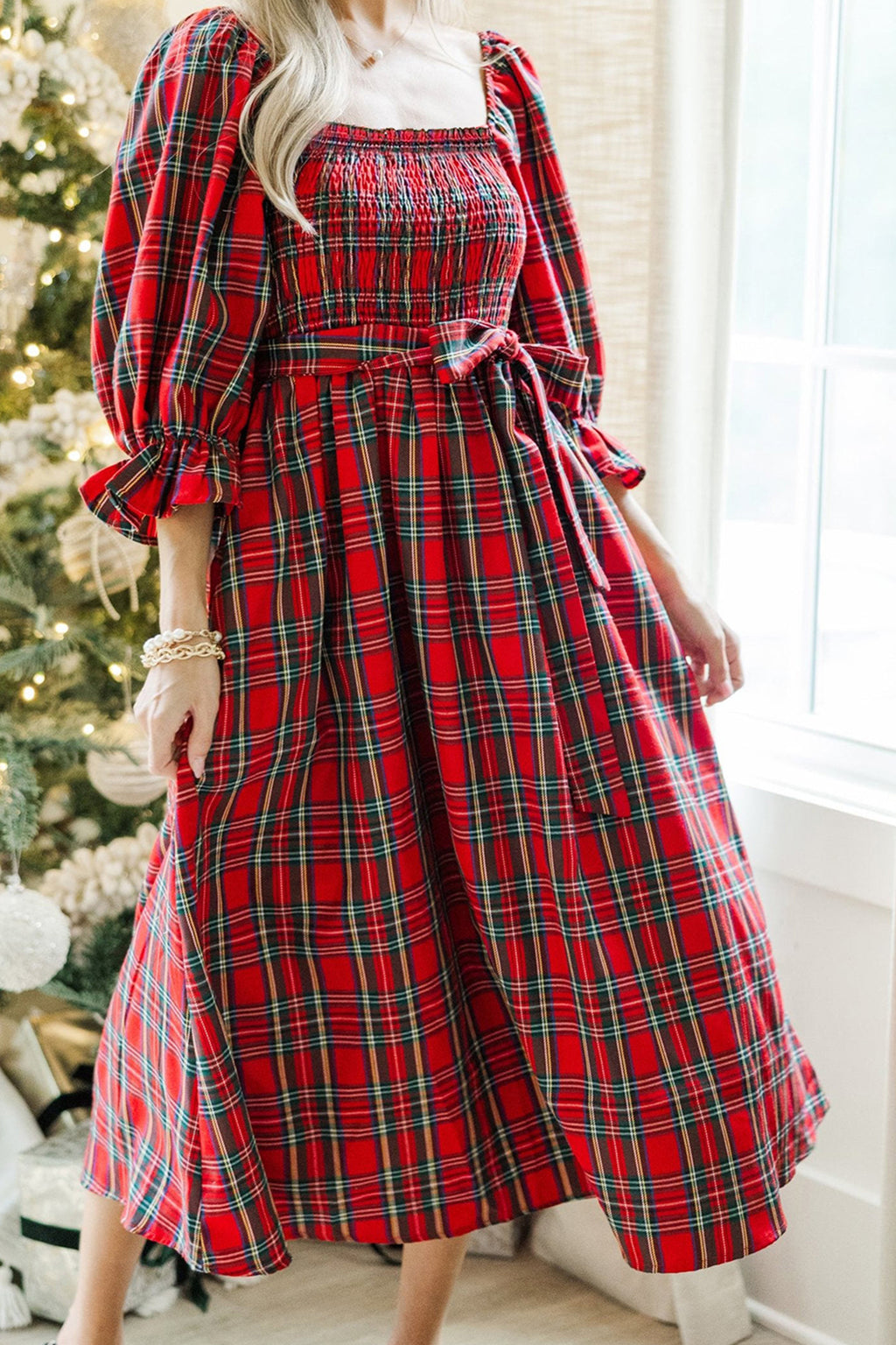 Tartan Plaid Square Neck Puff Sleeve Flared Midi Dress Bazaarre Mart Dresses/Maxi Dresses