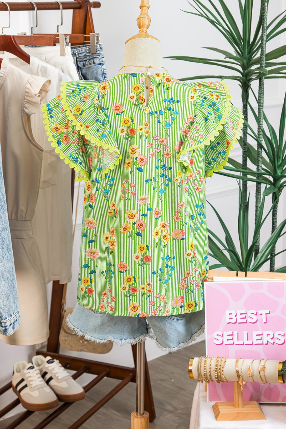 Green Stripe Floral Printed Scalloped Detail Flutter Short Sleeve Blouse