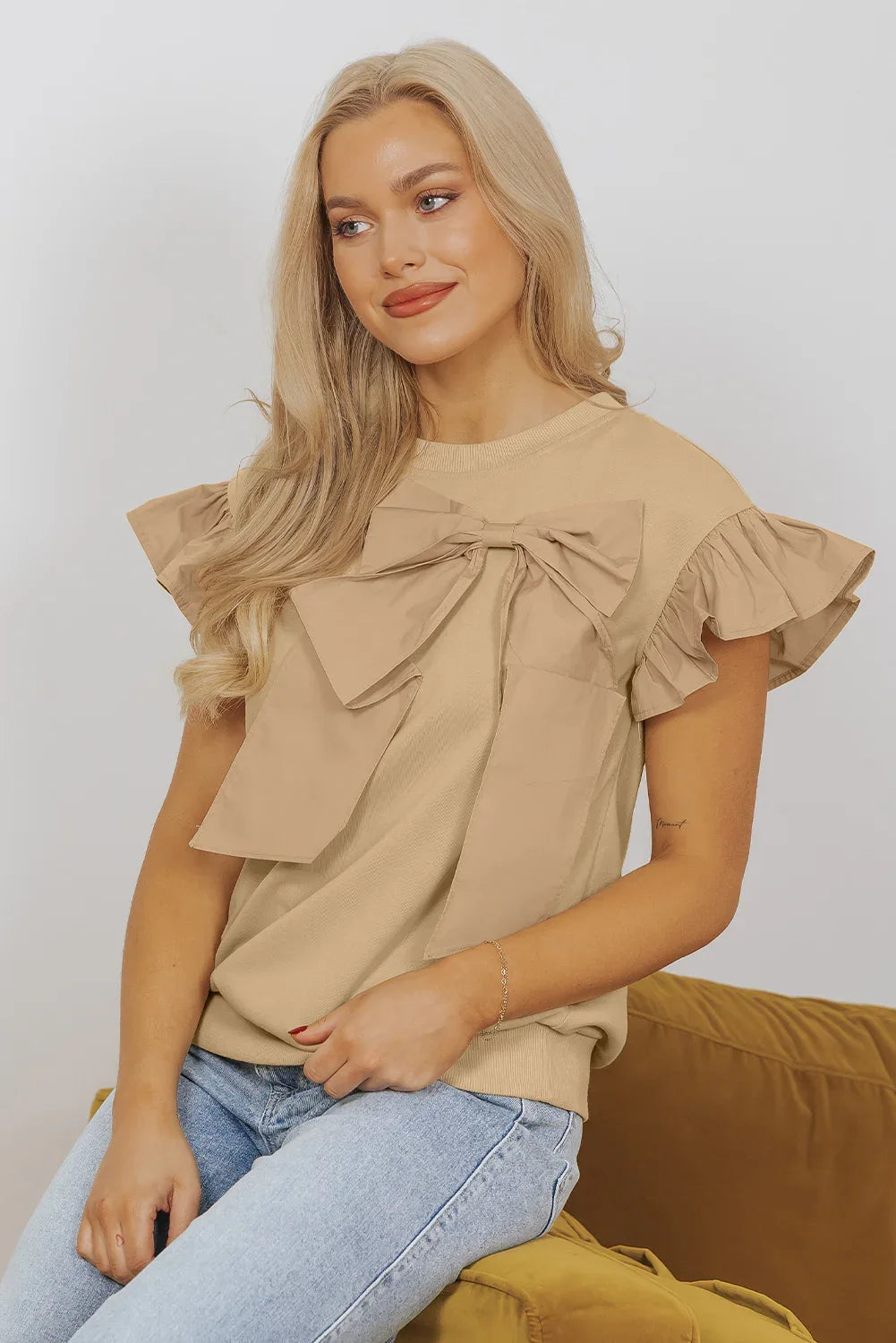 Parchment Ribbon Bow Ruffle Sleeve Top Bazaare Mart Tops/Blouses & Shirts