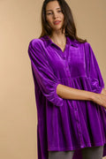 Umgee Full Size Button Down Tiered Back High Low Purple Velvet Shirt Violet Trendsi Button Down Tiered Back High Low Shirt