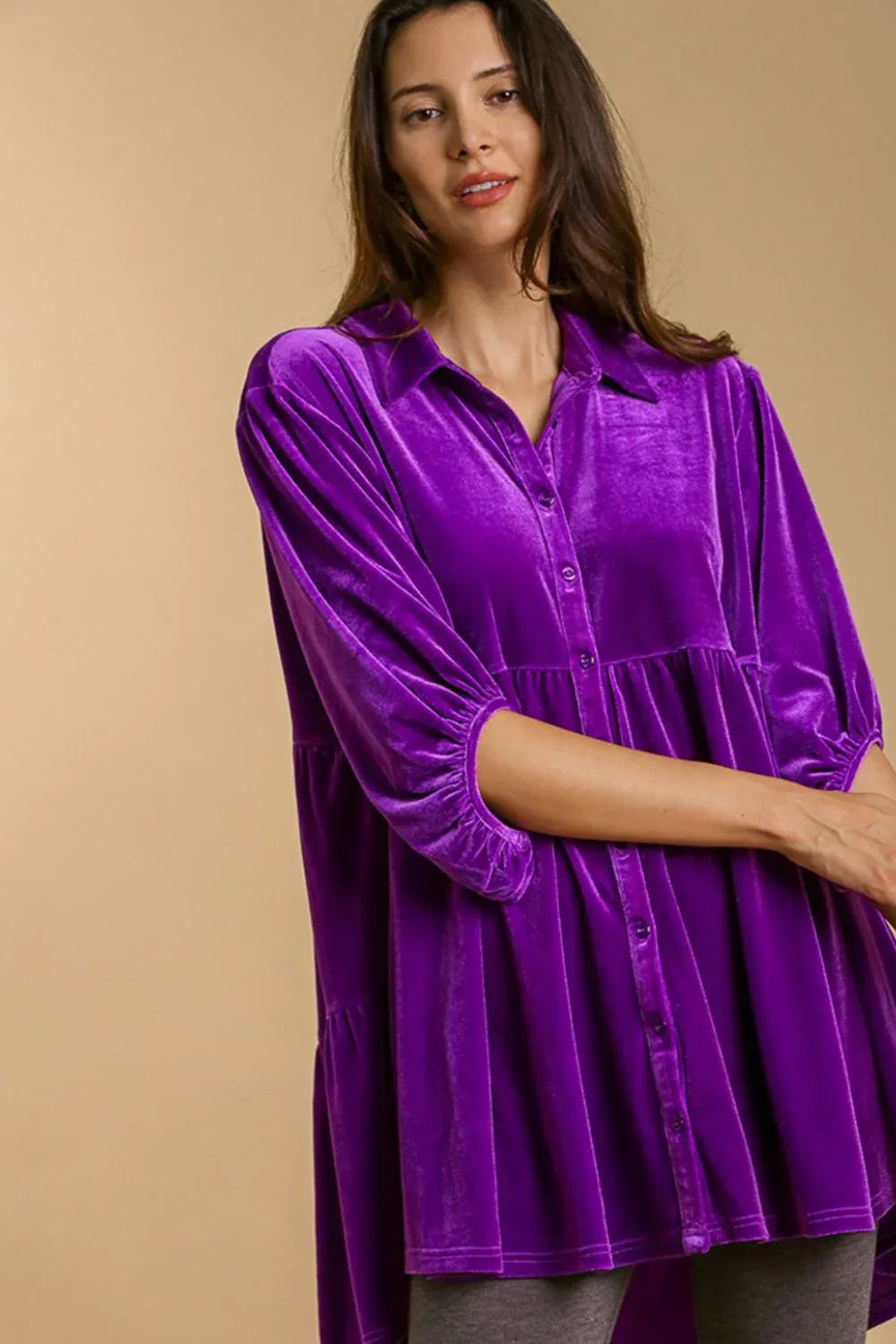Umgee Full Size Button Down Tiered Back High Low Purple Velvet Shirt Violet Trendsi Button Down Tiered Back High Low Shirt