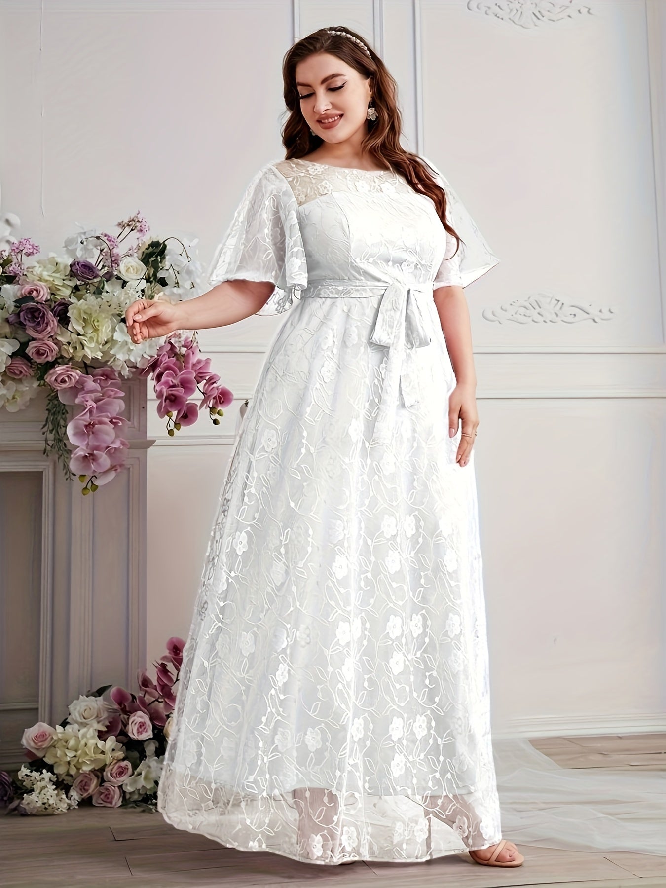 Elegant High Waist Lace Round Neck Half Flutter Sleeve Solid Color Formal Floor Length Dress