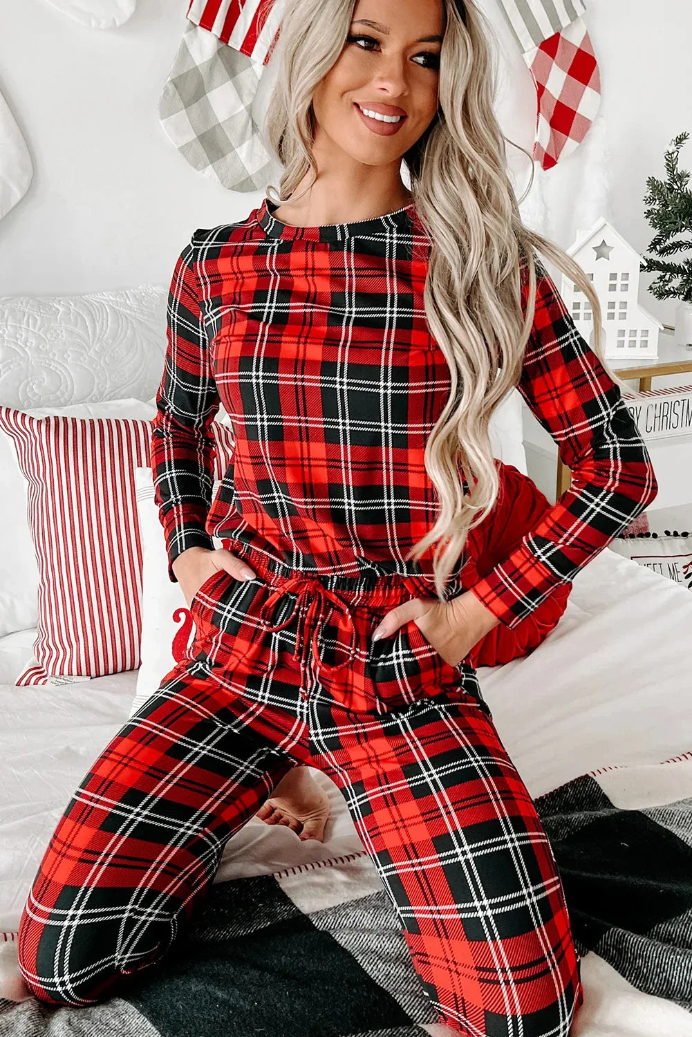 Red Plaid Round Neck Long Sleeve PJs Bazaare Mart Loungewear & Sleepwear/Loungewear