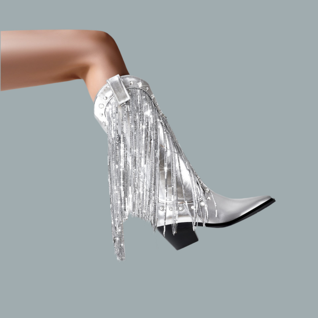 Silver Tassel Pointed Toe Knee High Boots
