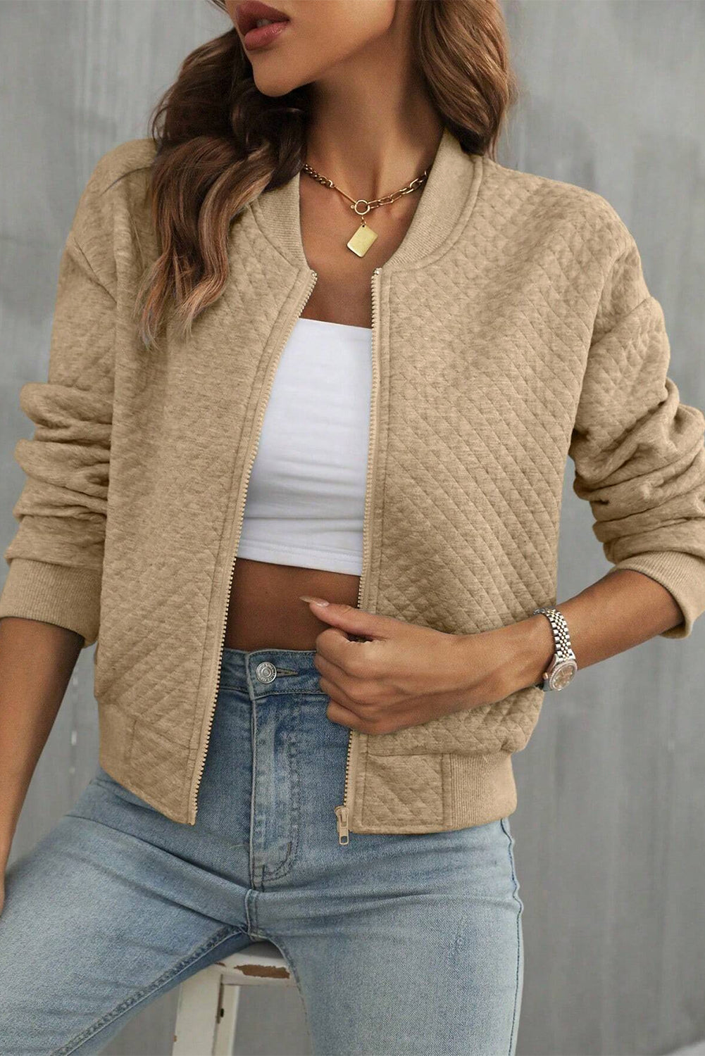 Pale Khaki Solid Textured Baseball Collar Jacket Pale Khaki 97%Polyester+3%Elastane Dear-Lover Dropshipping Outerwear/Jackets